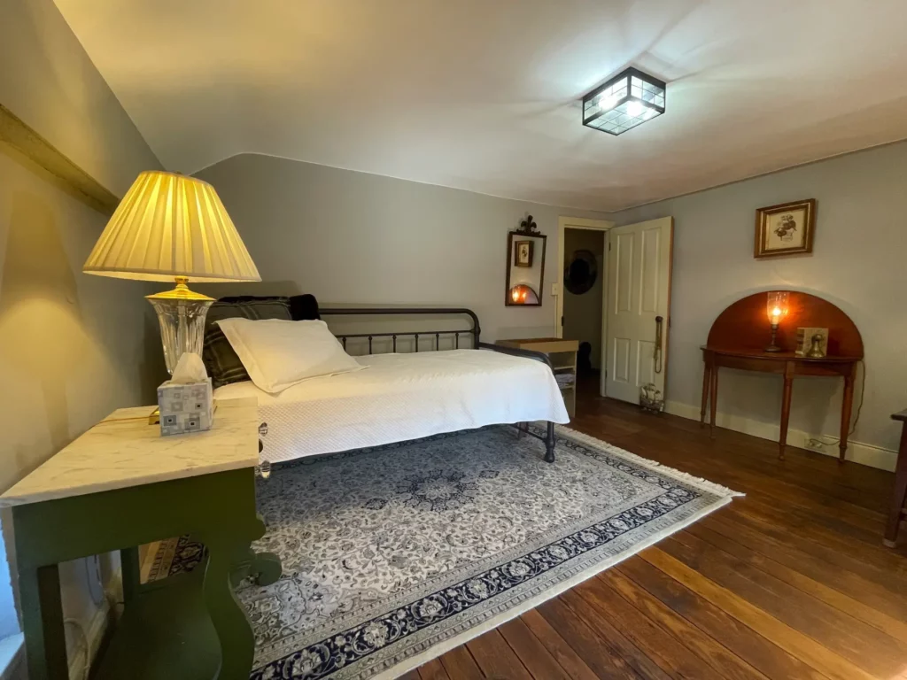 Bedroom with a double bed, wooden floor, rug, bedside lamp, and framed art on the wall.